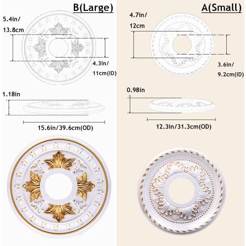 White and Gold B-15.6OD x 4.3ID PU Decorative Ceiling Medallion for Light Fixtures and Ceiling Fans, Molded Plastic, Gold and White Finish, (B-15.6OD x 4.3ID)