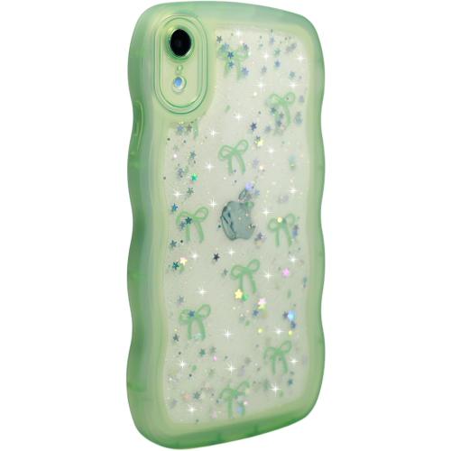 Qokey for iPhone XR Case, Glitter Star & Curved Edge Handle Grip Design, Military-Grade Shockproof Clear TPU Cover, Sparkle Protection Scratch-Resistant, Holographic Sage Green Bow