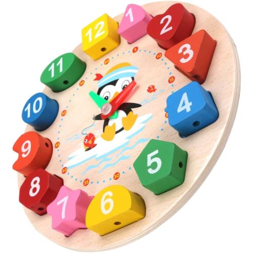 Clock Toy Wooden Teaching Clock Props Penguin Pattern Clock Toys Teaching Time Number Puzzle Stacking Montessori Educational Toys for Toddlers