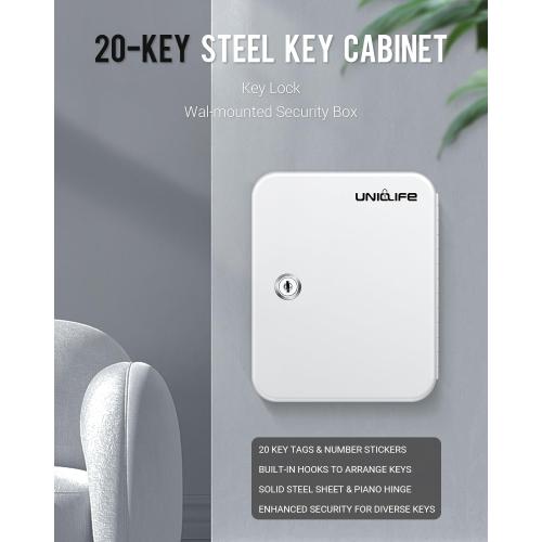Uniclife 20 Position Key Cabinet with Key Lock Wall Mounted White Security Storage Box Steel Key Organizer with Colorful Key Tag Labels Identifiers Stickers and Hooks