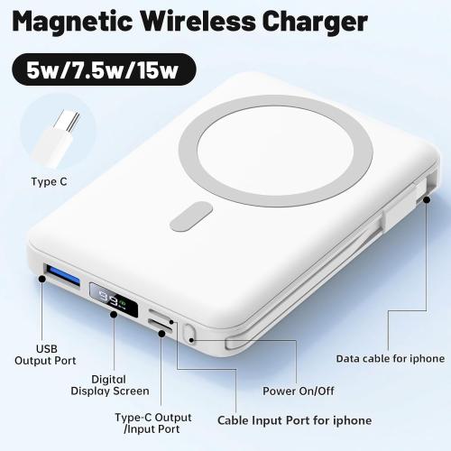 Azmuth for Magsafe Battery Pack, 10000mAh Magnetic Power Bank 22.5W PD Fast Charging with USB-C Cable LED Display Wireless Portable Charger with Stand for iPhone 16/15/14/13/12/Pro (White)
