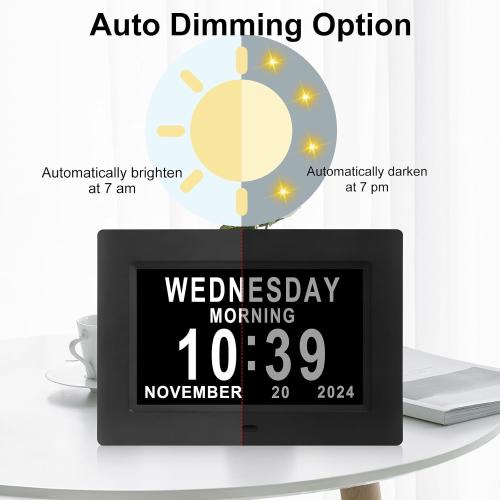 Black 7inch Johnziny Digital Clock with Day and Date for Elderly Large Display Digital for Elderly Dementia Clock Alarms, 12 Alarms and 8 Tags,4 Colors Display Calendar Alarm Clock(Black)