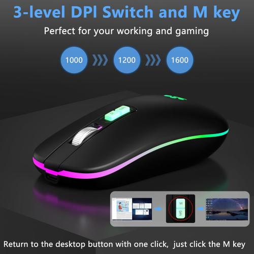 KARFUN Wireless Mouse, Backlit LED Portable Slim Computer Mouses for Laptop, PC, Computer, MacBook, iPad, Chromebook, Notebook, 2.4G Rechargeable Wireless Mouse (Black-Black Nose)