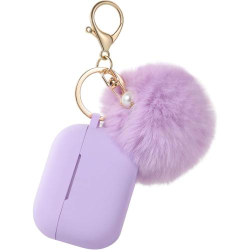 Protective Case Cover for Airpods Pro Charging Case, Upgraded Air Pods Silicone Case Skin with Soft Cute Fluffy Ball Pom Pom Keychain Kit (A, Purple)