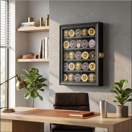 Jinchuan Military Challenge Coin Display Case Lockable Cabinet Rack Holder Shadow Box with Removable 2 Grooves Shelves and Anti Dust Door for Casino Poker Chips Collectibles, Small - Black