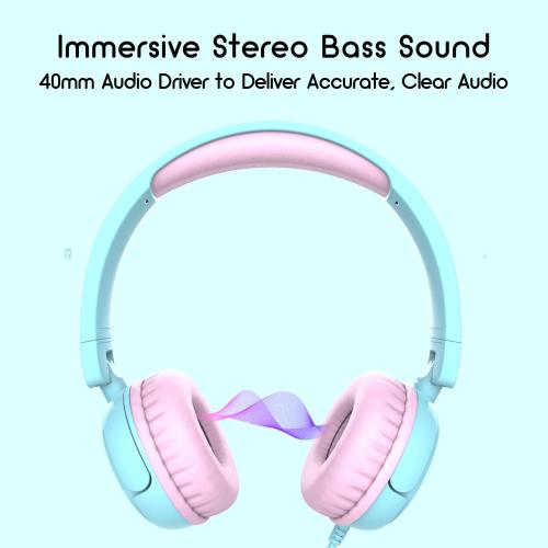 IMYB V1 Kids Headphones, Wired Stereo Foldable Tangle-Free 3.5mm Adjustable On-Ear Headphones for Kids for School/Toddlers/Childrens/Teens/Boys/Girls/Ipad/Tablet/Kindle/Phones/Travel/Plane (Cyan)