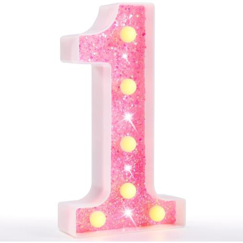Pooqla Marquee Numbers Lights, light up Numbers Battery Powered, Glitter Lighted Numbers for Girls 1st Birthday Party, Shiny LED Numbers for Christmas Wedding Home Bar Decoration, Pink Number 1