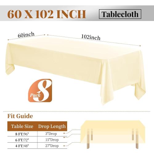 8 Pack 60 x 102 Inch Tablecloth, Beige Tablecloth for 6 Feet Rectangle Tables, Stain and Wrinkle Resistant Washable Fabric Table Cloth for Wedding Party Dining Table Buffet Parties and Camping