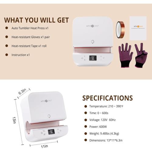 HTVRONT Auto Tumbler Heat Press Machine - Mug Heat Press Heat Up Fast & Even, Professional Tumbler Press High-Security for 2.95-3.18 Sublimation Tumblers, Cups, Glasses and Mugs, White