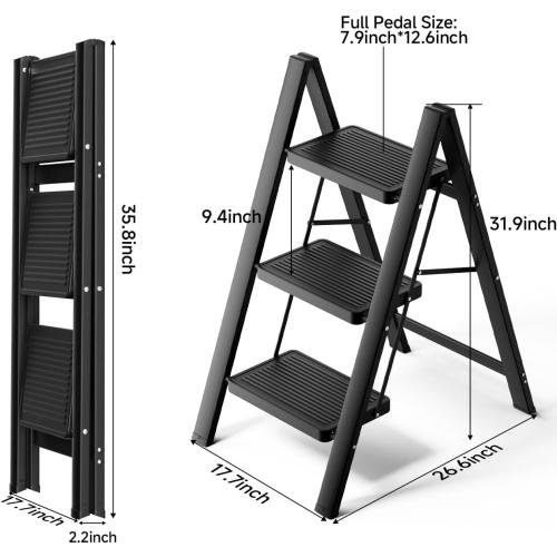 Step Ladder 3 Step Folding, Small Step Stool for Adults, Portable Anti-Slip Iron Stepladder with Wide Pedals for Home and Kitchen Use, Space Saving - Black (300 lbs)