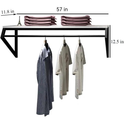 Modern Simple Men's and Women's Clothing Store Heavy Duty Metal Display Shelf,Wall-Mounted Garment Rack with Wood,Clothes Rail,Bathroom Hanging Towel Rack (Black Square Tube, B-57 L)