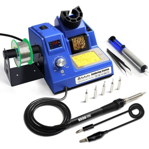 TOAUTO DS90 Soldering Station-°F & °C Dual Digital Display Soldering Iron Station Kit,90W Soldering Iron,302℉- 842℉ Temperature, Anti-Static & Grounding Wire, Auto Standby & Sleep,5 Solder Tips, Blue