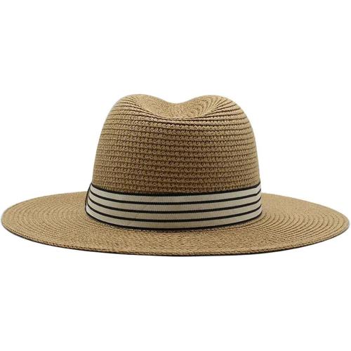 Sun Hats For Women Men Panama Wide Brim Straw Fedora Hat With Striped Band Foldable Summer Sun-Shading Floppy Hat
