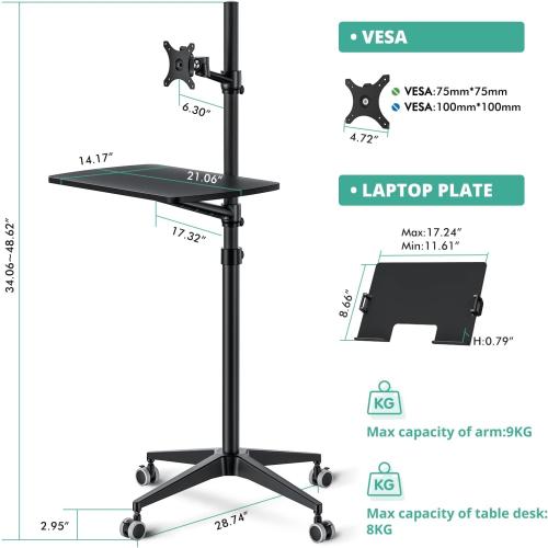 Viozon Mobile Desk,Mobile Workstation,Mulitiuse Rolling Laptop Floor Stand,34-48.6 Height Adjustable,Compatible with 17-27 Monitor&12-17 Laptop,21×14 Desk,Maxload 17.6lbs,4 Lockable Wheels B