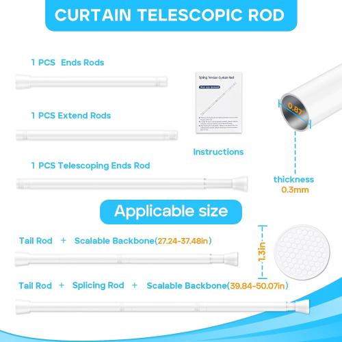White Tension Curtain Rod for Windows 28 to 48 inch, Adjustable Expandable Pressure Spring Curtain Rod No Drilling, 7/8 Curtain Rod for Bedroom Doorway Closet Door