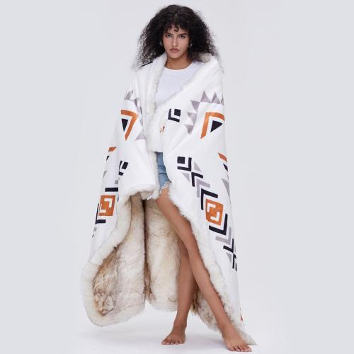 Luxury Plush Faux Fur Throw Blanket with Aztec Pattern, Super Warm, Fuzzy, Elegant, Fluffy Decoration Blanket for Couch, Armchair, Sofa and Bed, 50''x 60'', Cream