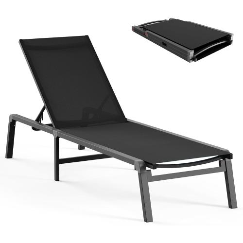 Ciokea Aluminum Chaise Lounge Ourdoor, Foldable & Assemble Free Outdoor Lounge Chair with 5 Adjustable Backrest, Patio Lounge Chair for Outside Poolside Beach Pool, Black