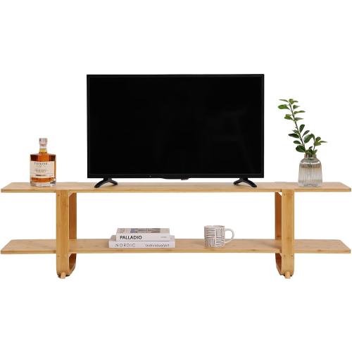 Wood Bamboo TV Stand for 55-Inch TVs, 2 Open Shelves, Modern Console | Mid Century Style, Open Storage for Electronics and Decor in Living Rooms and Bedrooms