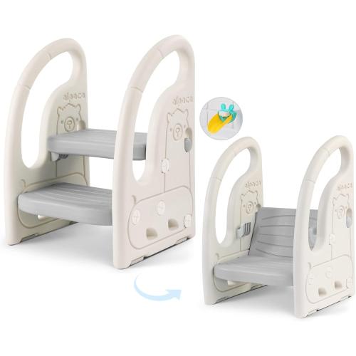 Color Grey Onasti Toddler Step Stool for Bathroom Sink, Adjustable 2 Step Stop for Kids with Handles, Toilet Stool Potty Training, Plastic Ladder Toddler Helper Stool for Bedroom Kitchen Counter Grey White