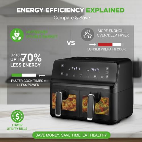 NutriChef Double Basket Air Fryer 8.8 QT | Family Size Oil Free Digital Cooker with Transparent Window | 9-1 Preset Cooking Options | 360° Hot Air Circulation Technology | 4.4 QTs per Basket | Black