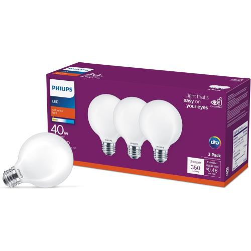 PHILIPS LED Frosted Non-Dimmable G25 Light Bulb - Pack of 3 - EyeComfort Flicker Free - 3.8W = 40W - 350 Lumen - Soft White (2700K) - E26 Base - Indoor - Title 20