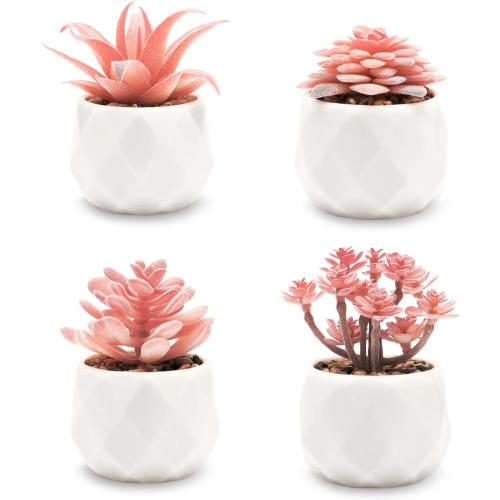 VIVERIE Mini Succulents Plants Artificial in Pots-Rose Pink, Christmas Small Fake Succulents Plants for Home Halloween Decor Indoor for Women, White Ceramic, Set of 4, Gifts for Mom