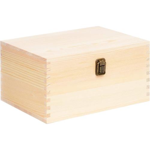 Size 10.71x8x5.66 Color Brown Extra Large Rectangle Unfinished Pine Wood Box Natural DIY Craft with Hinged Lid and Front Clasp for Arts Hobbies and Home Storage-10.71x8x5.66 Inches