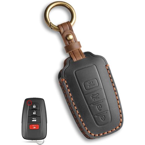 for Toyota Key Fob Cover Genuine Leather Key Case Shell Compatible with 4Runner Highlander Camry RAV4 C-HR (Black, 4 Buttons)