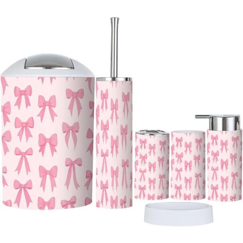 Bathroom Accessory Set 6 Piece Boho Cute Coquette Seamless Pattern Bow Delicate Pink Trendy Patterned Trash can, Toothbrush Holder, Soap Dispenser, Soap Dish, Toothbrush Cup, Toilet Brush Holder