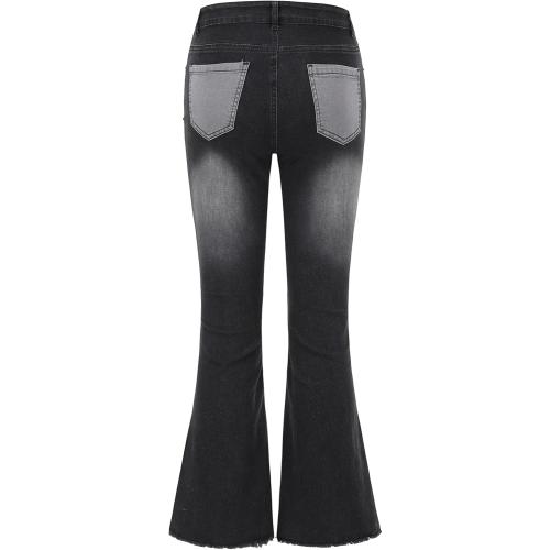 THUNDER STAR Women Large Patchwork Flare Jeans Stretch High Waisted Bell Bottom Raw Hem Denim Pants