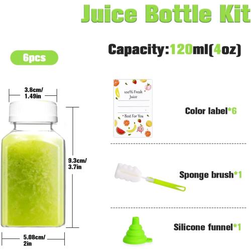 Plastic Juice Bottles, Reusable Juice Containers with White Tamper Proof Lids, Brush, Funnel and Labels, Clear Juice Containers for Juicing, Smoothie and Homemade Beverages (6PCS 4oz)