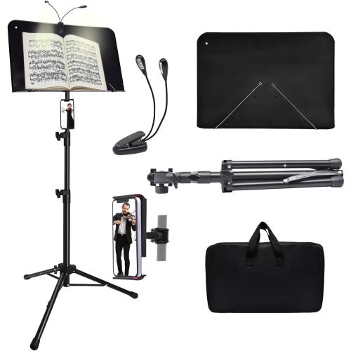 Sheet Music Stand with Light and Phone Holder, 57 Portable Music Stand for Sheet Music High Stability, Height Adjustable Music Stands with Carrying Bag(33-57inch, Plate without hole)