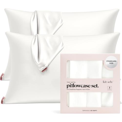 Kitsch Satin Pillowcase with Zipper for Hair & Skin, Softer Than Silk Pillow Cases Queen Size Set of 2, Wrinkle-Free, Smooth and Cooling Satin Pillow Covers, Standard Size 19x26 - Ivory, 2pcs