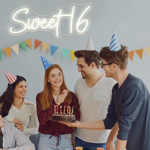 16.8 Inch Sweet 16 Neon Sign, USB Powered with Dimmer Switch 16th Birthday Party Sign, Sweet Sixteen Party Supplies, Happy 16th Birthday Decorations for Girls (Warm white)