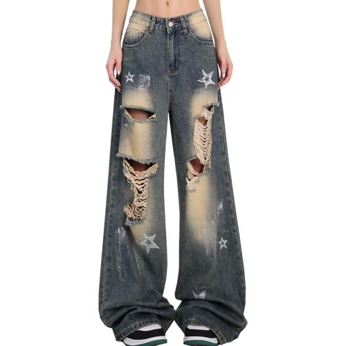 Size S/M Fashion Vintage High Waisted Baggy Wide Leg Ripped Jeans Y2K Star Washed Casual Straight Leg Denim Pants