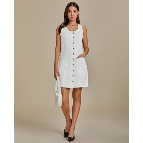 Size M luvamia Denim Dresses for Women Sleeveless Stretchy Jean Summer Casual Western Short Button Down Dress with Patch Pocket