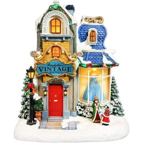 MOMENTS IN TIME Lighted Christmas Village Vintage Boutique LED 10.6” Musical Polyresin Holiday Building, Battery Operated Tabletop Christmas Decoration