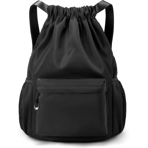 LOKAPEGY Black Drawstring Backpack for Women, Waterproof Drawstring Gym Bag for Men, Cinch Sack for Basketball, Pull String Sport Bag for Soccer.