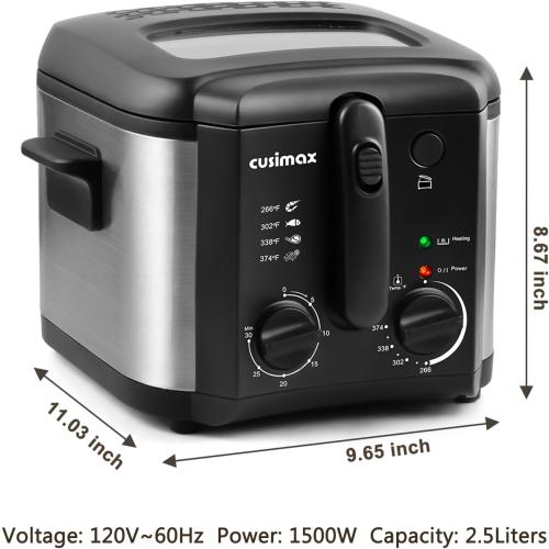 CUSIMAX Electric Deep Fryer for Home Use, 2.5 Liter 1500W Small Deep Fryer with Basket, Adjustable Temperature & Time, Lid with View Window and Odor Free Filter