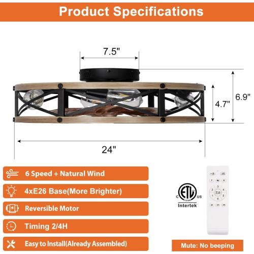 SHLUCE 24 Flush Mount Farmhouse Ceiling Fan with Light, Modern Caged Bladeless Ceiling Fans with Lights and Remote, Large Rustic Low Profile Ceiling Fan with Light for Bedroom, Living Room - ETL
