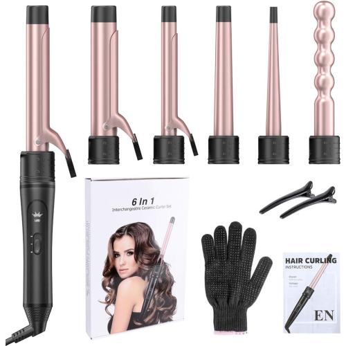 6-in-1 Curling Iron, Professional Instant Heat Up Hair Curling Wand Set with 6 Interchangeable Ceramic Barrels (0.35'' to 1.25'') and 2 Temperature Adjustments, Heat Protective Glove & 2 Clips