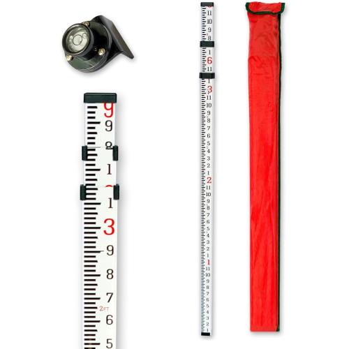 9-Foot Aluminum Grade Rod - 10ths，Grade Rod，Grade Stick for Laser Level，Survey Rod，Grade Rods，Survey Pole，With Bubble Level, 3-Stage Telescopic，Double-Sided Scale Telescopic Leveling Rod
