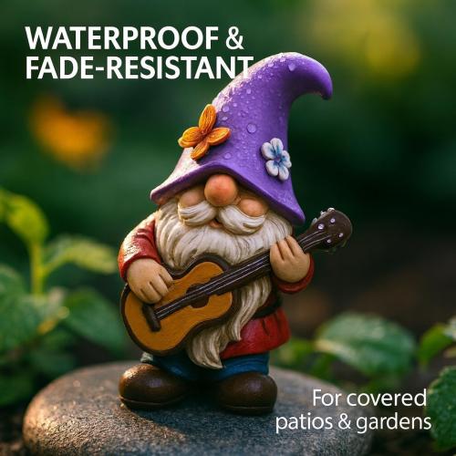 Musical Gnome Figurine with Guitar – Handcrafted Resin Garden or Shelf Decoration, 6.2 Tall Whimsical Gnome Statue with Purple Hat, Flowers & Butterfly, Gift for Music Lovers (Purple)