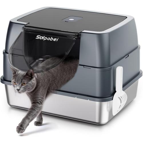 Solpobei Stainless Steel Cat Litter Box with Lid, Covered Pan, Medium | Metal cat box, small enclosed pan, 18.7 in length, high sided, odor control