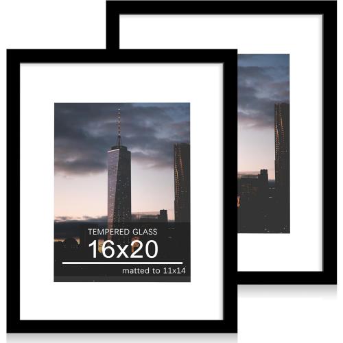 16x20 Poster Frame Set of 2, 16 x 20 Wood Picture Frames with Mat for 11x14, Wooden Photo Frame with Tempered Glass Cover for Wall Mounting Display, Black