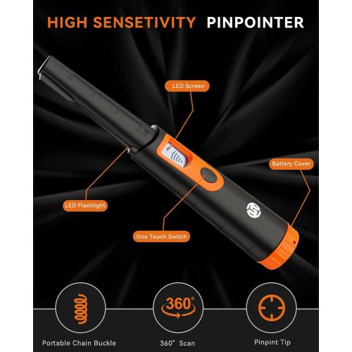 SUNPOW Metal Detector Pinpointer for Adults & Kids, Fully Waterproof, 360°Detection Handheld Pin Pointer Wand with LCD Screen, 3 Modes (Buzzer, Vibration,Sound) for Treasure Hunting- OTMD08