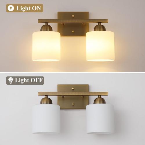 Mecgirn Milk Glass Vanity Lights for Bathroom, 2 Light Antique Matte Brass Bathroom Vanity Light Fixtures Over Mirror, Ceramic E26 Sockets Wall Mounted