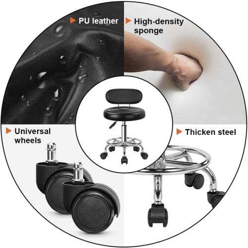 KKTONER PU Leather Modern Rolling Stool with Low Back Height Adjustable Work Salon Drafting Swivel Task Chair with Footrest (Black)