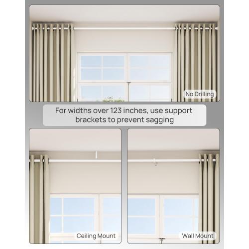 Tension Curtain Rod By EZFurni,123-160 Inches, Heavy Duty Tension Rod,Adjustable Curtain Rods No Drilling & Easy Assemble Extra Long Tension Rod, White