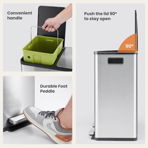 Elevon Kitchen Trash Can with Lid, 2 x 8 Gallon Garbage Can, with Soft-Close Foot Pedal and Removable Inner Bucket, 60 Liter Large Stainless Waste Bin for Bathroom Bedroom Home Office